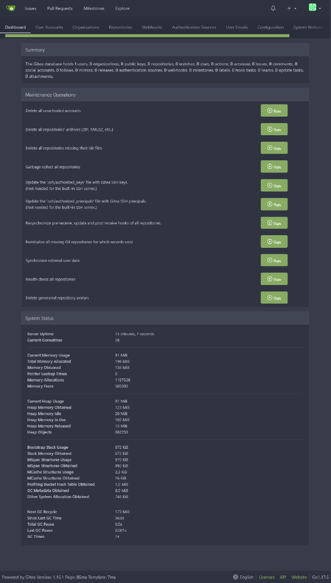 Gitea admin dashboard